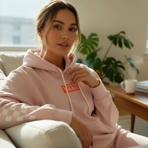 Vans Light Pink XS Hoodie with Checkered Detail on one sleeve logo front NWOT